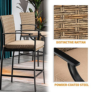 Mcombo 5 Piece Patio Dining Set, Outdoor Steel Dining Table Set, Wicker Furniture Set with Square Steel Wood Grain Table and 4 Arm Chairs for Garden Backyard Bistro and Deck, 6084-DS28-BK