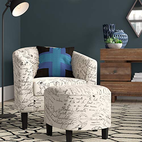 Belleze Accent Tub Chair Curved Back French Print Script Linen Fabric w/ Ottoman Modern Stylish Round Armrest, Beige