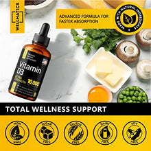 Load image into Gallery viewer, Vitamin D3 10000 IU Drops - Extra Strength Vitamin D Drops - Made in USA - High Dose D3 Vitamin - Natural Vegan Vitamin D3 - The Sunshine Vitamin D3 Drops - Non-GMO, Gluten Free VIT D3 - 2 Fl Oz
