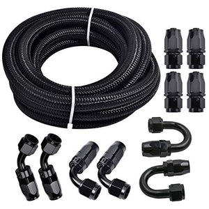 3/8 6AN 20FT Fuel Line Hose Kit, Nylon Stainless Steel Braided Fuel Line Oil/Gas/Fuel Hose End Fitting Hose with 10PCS Swivel Fuel Hose Fitting Adapter Kit - Black