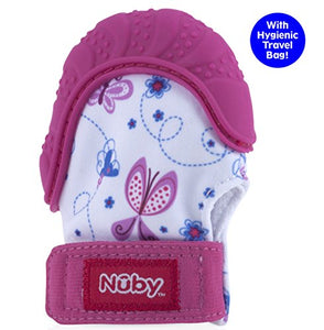 Nuby  Soothing Teething Mitten with Hygienic Travel Bag, Pink, 1 Count