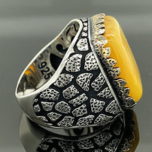 Load image into Gallery viewer, Men Silver Ring, Amber Stone Ring, Honey Amber Gemstone, Embroidered Ottoman Jewelry, 925 Sterling Silver Ring, Gifts for Him
