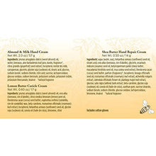 Load image into Gallery viewer, Burt’s Bees Valentine’s Gift Set, 3 Hand Repair Moisturizing Products for Men &amp; Women - Almond Milk Cream, Lemon Butter Cuticle Cream, Shea Butter Cream, with Gloves
