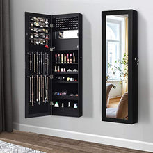Load image into Gallery viewer, Giantex 15 LEDs Jewelry Cabinet Wall Mounted, Lockable Jewelry Armoire with Full Length Mirror, Cosmetics Tray, Lipstick Brush Holders, Build-in Makeup Mirror, Jewelry Cabinet for Women Girls (Black)
