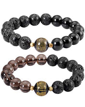 Load image into Gallery viewer, Lightock Lava Rock Couples Bracelets Feng Shui Black Obsidian Wealth Essential Oil Diffuse for Women Men Stretch Attract Good Luck and Wealth(2pcs)

