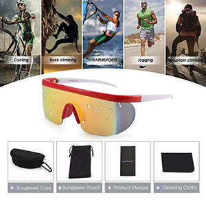 JIM HALO Oversized Flat Top Shield Sunglasses One Piece Mirror Glasses Men Women (Red White Frame/Mirror Gold Lens)