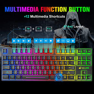 Wireless Gaming Keyboard Mouse and Wired Headphone with Ergonomic 87 Key Rainbow Backlight Rechargeable 3800mAh Battery Mechanical Feel Anti-ghosting Mouse pad for PC Laptop Gamer Typist(Black RGB)