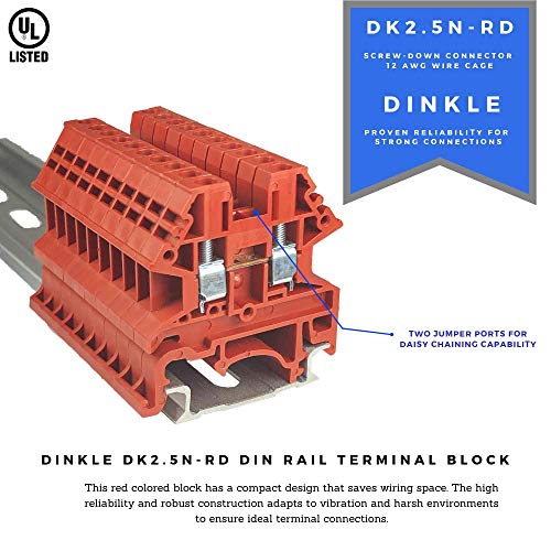 Load image into Gallery viewer, Dinkle UL Listed DIN Rail Terminal Block Kit #1 Red/Black Dinkle 20 DK2.5N 12 AWG Gauge 20A 600V Ground DK2.5N-PE Jumper DSS2.5N-10P End Covers End Brackets