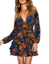 Load image into Gallery viewer, UGUEST Women Long Sleeve V Neck Dress Floral Mini Swing Party Wedding Dress with Belt Navy &amp; Yellow Flowers XL
