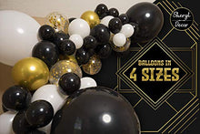 Load image into Gallery viewer, 4 Sizes – Black White Gold Balloon Garland Kit &amp; Arch for New Years, Graduation or Birthday – Small and Large Black and White Balloons with Gold Confetti – Party Decorations for Gatsby Roaring 20s
