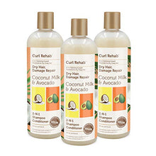Load image into Gallery viewer, Curl Rehab Dry Hair/Damage Repair Treatment 2 in 1 Shampoo Conditioner (3 Pack), Enriched with Coconut Milk &amp; Avocado, 16 Oz
