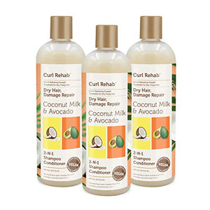 Curl Rehab Dry Hair/Damage Repair Treatment 2 in 1 Shampoo Conditioner (3 Pack), Enriched with Coconut Milk & Avocado, 16 Oz