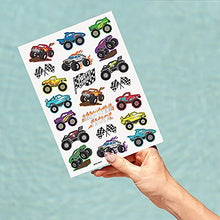 Load image into Gallery viewer, xo, Fetti Monster Truck Party Supplies Temporary Tattoos - 42 Metallic Styles | Trucks, Big Cars, Finish Lines + Flames
