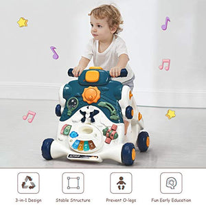 BABY JOY Sit-to-Stand Walker, 3 in 1 Baby Walker, Ride on Car, Game Panel, Kids Multifunctional Activity Center w/Lights, Music, Cute Toys, Educational Push Pull Learning Walker for Toddlers (Blue)