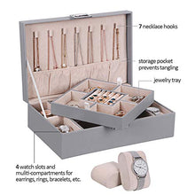Load image into Gallery viewer, BEWISHOME Jewelry Box Organizer with 4 Watch Case Removable Tray Jewelry Display Storage Case - 7 Necklace Hook - Velvet Lining - Earring Ring Bracelet Case for Women Girls - PU Leather Grey SSH07H

