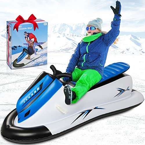 Snow Sled, Giant Snow Tube for Sledding Heavy Duty Inflatable Sled Snowmobile for Kids Adults with Reinforced Handles Pull Rope Winter Snow Toys Outdoor Play Activity