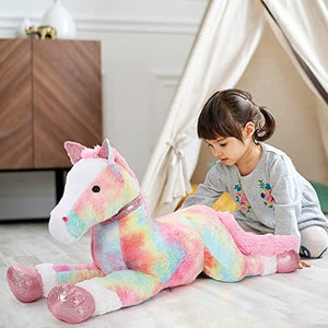 Tezituor Large Horse Stuffed Animal Giant Pony Pink Plush Toy Horse Tie-Dye Fur Big Gift for Kids 35 Inches