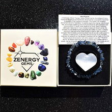 Load image into Gallery viewer, Zenergy Gems Charged 7" Blue Kyanite Crystal Chip Stretchy Bracelet Tumble Polished + Selenite Heart Charging Crystal Align Chakras/Conquer Fear/Increase Communication
