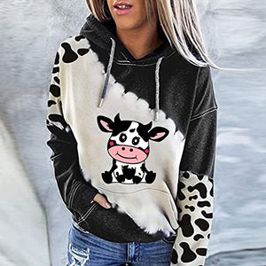Fall Clothes for Women Cute Cow Print Color Block Long Sleeve Pocket Hoodie Teen Girls Oversized Winter Warm Loose Lightweight Hooded Open Front Cardigan Jacket Coat Tops Pullover(Black,Medium)