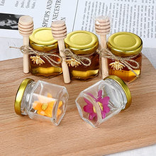 Load image into Gallery viewer, 1.5 oz Hexagon Mini Glass Honey Jars -30Pack Honey Jars with Wood Dipper, Gold Lid, Bee Pendants, Jutes - Perfect for Baby Shower, Wedding Favors, Party Favors
