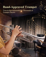 Load image into Gallery viewer, Eastar Bb Standard Trumpet Set for Beginner, Brass Student Trumpet Instrument with Hard Case, Cleaning Kit, 7C Mouthpiece and Gloves, ETR-380N, Silver
