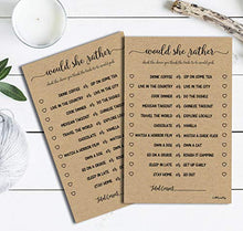 Load image into Gallery viewer, Would She Rather Game - Kraft (50-Sheets) Rustic Bridal Wedding Shower or Bachelorette Party Game, Printed Engagement Rehearsal (Large Size Sheets)
