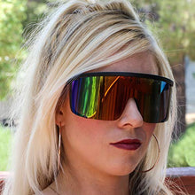 Load image into Gallery viewer, Elite Unisex Oversized Super Shield Mirrored Lens Sunglasses Retro Flat Top Matte Black Frame (Orange Rainbow)
