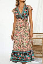 Load image into Gallery viewer, ZESICA Women's Bohemian Floral Printed Wrap V Neck Short Sleeve Split Beach Party Maxi Dress Nude
