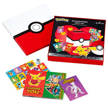 Load image into Gallery viewer, Hallmark Valentines Day Cards for Kids and Mailbox for Classroom Exchange, Pokémon (1 Box, 32 Valentine Cards, 35 Stickers, 1 Teacher Card)
