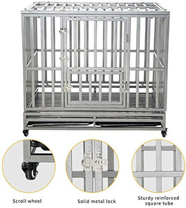 LUCKUP 42" Heavy Duty Dog Cage Strong Metal Kennel and Crate for Medium and Large Dogs Pet Playpen with Four Lockable Casters Indoor/Outdoor Silver