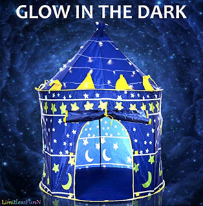 LimitlessFunN Kids Play Tent with Star Lights & Carrying Case [ Pop Up Portable Glow in The Dark Stars Blue ] Children Castle Playhouse for Girls & Boys, Indoor & Outdoor Use