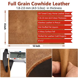 Tooling Leather Square 1.8-2.0MM Thick Genuine Top Full Grain Oil Tan Crazy Horse Cowhide Leather Sheets for Crafts Tooling Sewing Wallet Earring Hobby Workshop Crafting (Tan, 8"x12")