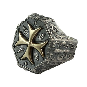 Knights Templar Maltese Cross Mens Ring Fleur De Lis Silver 925 and 10K Gold Masonic Jewelry