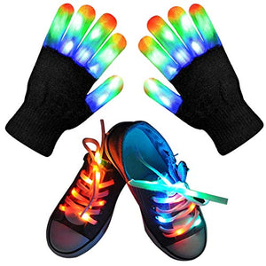 Led Finger Gloves, Kids Led Gloves LED Shoelaces Set Light Up Toys for Boys Girls, Flashing Gloves for Christmas Thanksgiving Birthday Glow Halloween Costume Party