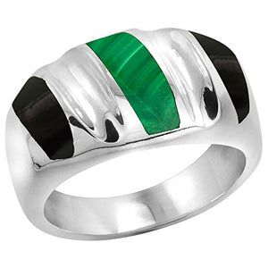 Sterling Silver Black Obsidian & Malachite Ring for Men Oval Concave Stripes Solid Back Handmade, Size 10