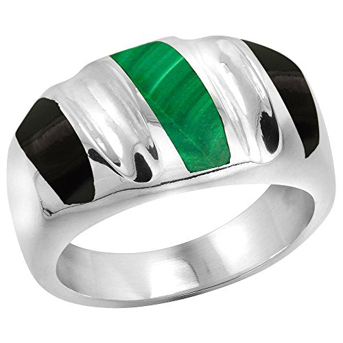 Sterling Silver Black Obsidian & Malachite Ring for Men Oval Concave Stripes Solid Back Handmade, Size 10