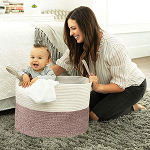 Luxury Little XXXL Nursery Storage Basket :: 100% Cotton Rope Hamper with Handles :: Sturdy Baby Bin Organizer for Laundry Toys Blankets Pillows :: 22 x 22 x 14 Off White/Beige