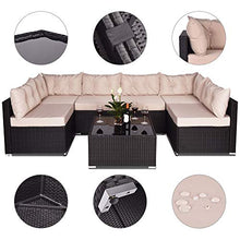 Load image into Gallery viewer, SHA CERLIN 7 Pieces Patio Furniture Sets with Heavy Duty Steel Frames, All-Weather Rattan Outdoor Sectional Sofa with Tea Table, Washable Beige Cushions Covers, Black
