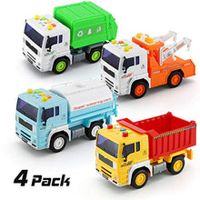Load image into Gallery viewer, 4 Pack City Service Vehicle Car Truck Toy Set - Tow Truck,Dump Truck,Sprinkler,and Garbage Truck - with Friction Powered Wheels and Lights &amp; Sounds
