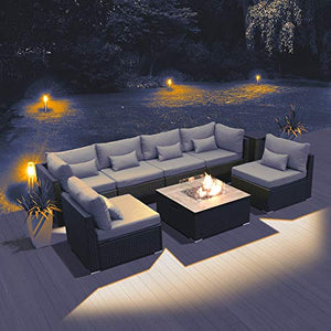 DINELI Patio Furniture Sectional Sofa with Gas Fire Pit Table Outdoor Patio Furniture Sets Propane Fire Pit (Light Gray-Square Table)