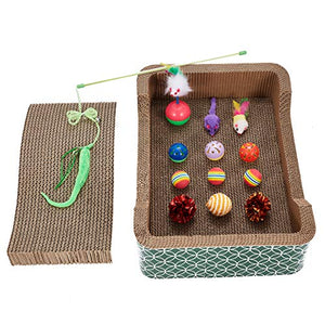 MECOOL Cat Wide Scratch Lounge Scratching Cardboard Corrugated Bed Wavy Cat Scratcher Pads with Cat Toys