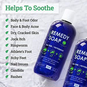 Remedy Soap Tea Tree Body Wash - Pack of 2 | Helps Wash Away Body Odor, Soothe Athlete's Foot, Ringworm, Jock Itch, Yeast Infections and Skin Irritations | Shower Gel for Women/Men | 100% Natural with Tea Tree Oil, Mint & Aloe (12 oz)