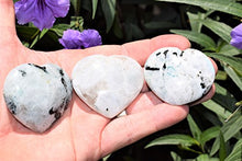 Load image into Gallery viewer, Zenergy Gems Selenite Charged Hand-Carved Natural Rainbow Moonstone Pocket Puffy Heart/Palm Heart/Worry Stone + Baby Selenite Puffy Heart Charging Crystal [Included]

