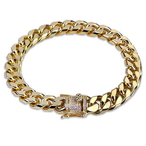 TOPGRILLZ Hip Hop14K Gold Plated Finished Miami Cuban Link Bracelet with Iced Out Simulated Lab Diamond Clasp for Men Women