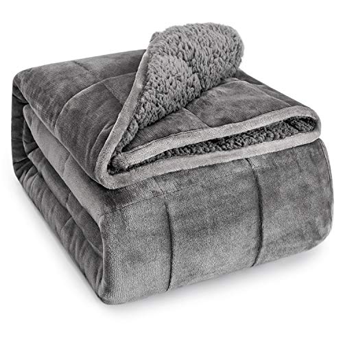 Wemore Sherpa Fleece Weighted Blanket for Adult, 15 lbs Dual Sided Cozy Fluffy Heavy Blanket, Ultra Fuzzy Throw Blanket with Soft Plush Flannel Top, 48 x 72 inches, Grey on Both Sides