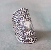 Load image into Gallery viewer, Sterling Silver Solar Mandala Boho Long Statement Ring, Handmade Star symbol Ethnic Adjustable Gypsy Hippie ring
