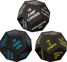 Load image into Gallery viewer, Juliet Paige Exercise Dice Cube for Fitness, Workouts, Crossfit WOD at Home, Cardio, HIIT, and Sports with Exercise Illustration Booklet (Bright Green, Light Blue, and Light Grey)
