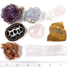 Load image into Gallery viewer, Dancing Bear Deluxe Healing Crystals (8 pc Set), Premium Collection: Amethyst Cluster, Rose Quartz Heart, Celestite, Quartz Point, Selenite Stick, Metaphysical Info Guide, Chakra Stones
