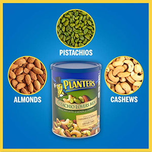 PLANTERS Pistachio Lover's Mix, 1.15 lb. Resealable Canister - Deluxe Pistachio Mix: Pistachios, Almonds & Cashews Roasted in Peanut Oil with Sea Salt - Kosher, Savory Snack