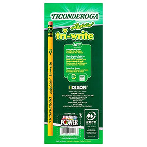 Ticonderoga Laddie Tri-Write Pencils, Wood-Cased #2 HB Soft, Intermediate Size Triangular with Eraser, Yellow, 36-Pack (13042)